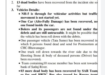 किन्नौर भूस्खलन बस का मलबा मिला, मरने वालों की संख्या हुई 13, तलाशी अभियान जारी