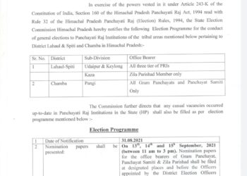 लाहौल स्पीति व चम्बा के पांगी उपमंडल में पंचायती राज संस्थानों के चुनावों का बिगुल बजा…29 सितम्बर व 1 अक्तूबर को होगा मतदान, देखें कब कब व कहां कहां होंगे चुनाव