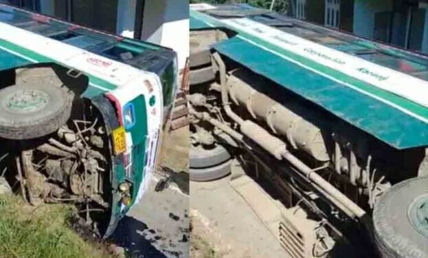 एचआरटीसी बस की ब्रेक फेल, सड़क पर पलटी….