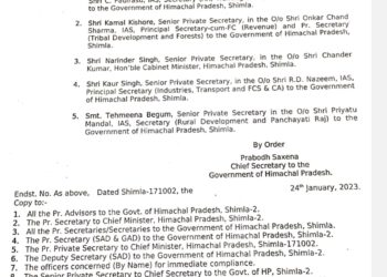 प्रदेश सचिवालय में 5 वरिष्ठ निजी सचिवों के तबादले