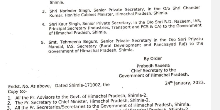 प्रदेश सचिवालय में 5 वरिष्ठ निजी सचिवों के तबादले