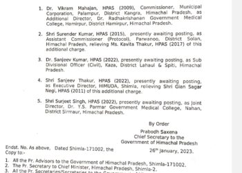सुक्खू सरकार एक्शन में : गणतंत्र दिवस पर HAS अधिकारियों के तबादले, देखें आज क्या क्या अधिसूचना जारी की….