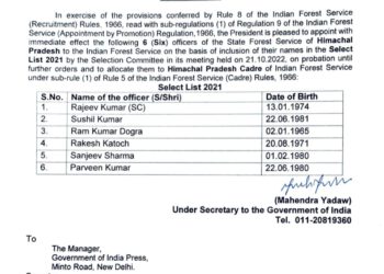 वन विभाग में 6 HFS  अधिकारी IFS के पद पर पदोन्नत, जानिए कौन बने IFS