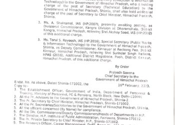 देर रात को IAS  व  HAS  अधिकारियों के तबादले, शिक्षा बोर्ड धर्मशाला व डीसी किन्नौर बदले, देखें किसे कहां लगाया…