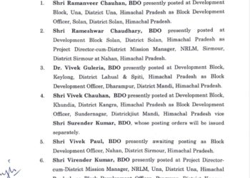 हिमाचल में बीडीओ (BDO) के तबादले, देखें किसे कहां दी तैनाती…..