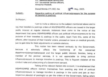IAS, HAS व HPSS अधिकारियों के तबादले को लेकर सरकार सख्त, राजनीति हस्तक्षेप से तबादले रोकने का लिया कड़ा संज्ञान, जारी किए ये आदेश…..