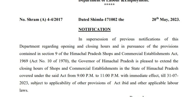 हिमाचल में अब 11 बजे तक खुली रहेंगी दुकाने व व्यापारिक प्रतिष्ठान, देखें जारी अधिसूचना…..
