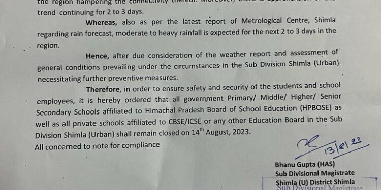 Shimla शहरी व ग्रामीण में 14 अगस्त को स्कूल रहेंगे बंद, भारी बारिश के कारण लिया फैसला,आदेश जारी…..