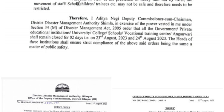 हिमाचल प्रदेश के शिमला, बिलासपुर व मंडी जिला में शिक्षण संस्थानों में दो दिन की छुट्टी घोषित…..