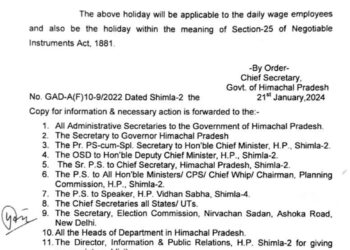हिमाचल प्रदेश में कल सार्वजनिक अवकाश घोषित, देखें अधिसूचना