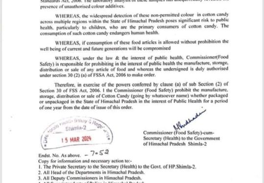 हिमाचल प्रदेश में कॉटन कैंडी को बनाने और बेचने पर पूर्ण प्रतिबंध, देखें जारी अधिसूचना….