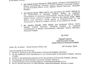 हिमाचल में 3 HAS अधिकारियों के तबादले