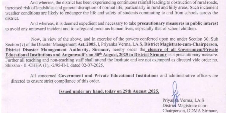 जिला कांगड़ा और सिरमौर में कल स्कूलों सहित सभी शिक्षण संस्थान रहेंगे बंद, भारी बारिश की चेतावनी के चलते संबंधित DC ने दिए आदेश