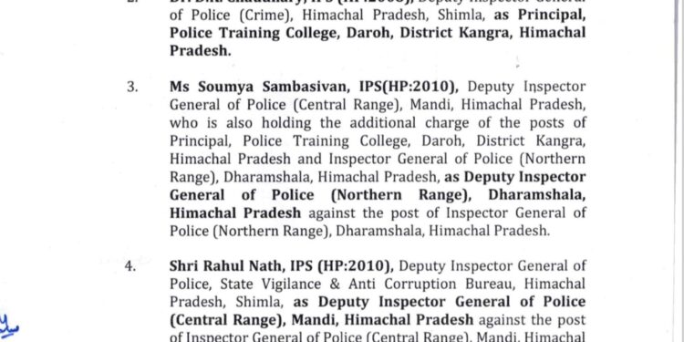हिमाचल में 5 पुलिस अधिकारियों (IPS) के तबादले, देखें जारी अधिसूचना….