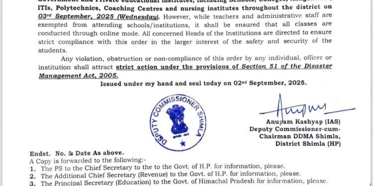 जिला शिमला में कल भी रहेंगे स्कूल और अन्य शिक्षण संस्थान बंद, अधिसूचना जारी…