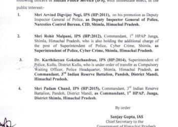 हिमाचल में 4 IPS अधिकारियों के तबादले, देखें किसे कहां लगाया….