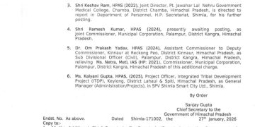 हिमाचल में HAS अधिकारियों के तबादले, एक को सचिवालय में रिपोर्ट करने के आदेश, देखिए सूची…..