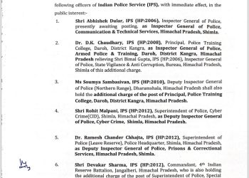 हिमाचल में 12 IPS अधिकारियों के तबादले, जानिए कौन होगा शिमला का नया SP….