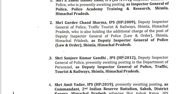 हिमाचल में 4 पुलिस अधिकारियों (IPS) के तबादले, देखें किसे कहां से कहां लगाया….