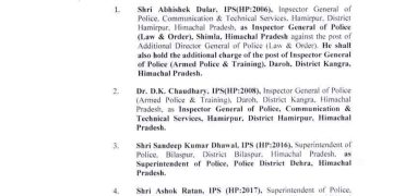 हिमाचल में 10 पुलिस अधिकारियों (8 IPS और 2HPS ) के तबादले, देखिए…..